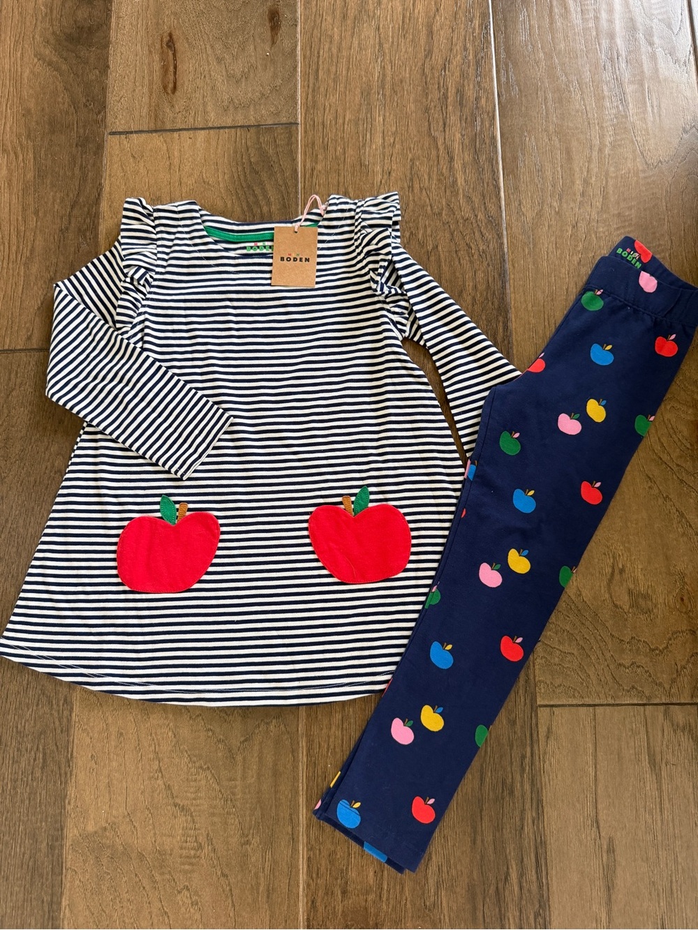 BWT Boden Navy Striped Tunic with Red Apple Appliqués & Navy Apple Print Legging